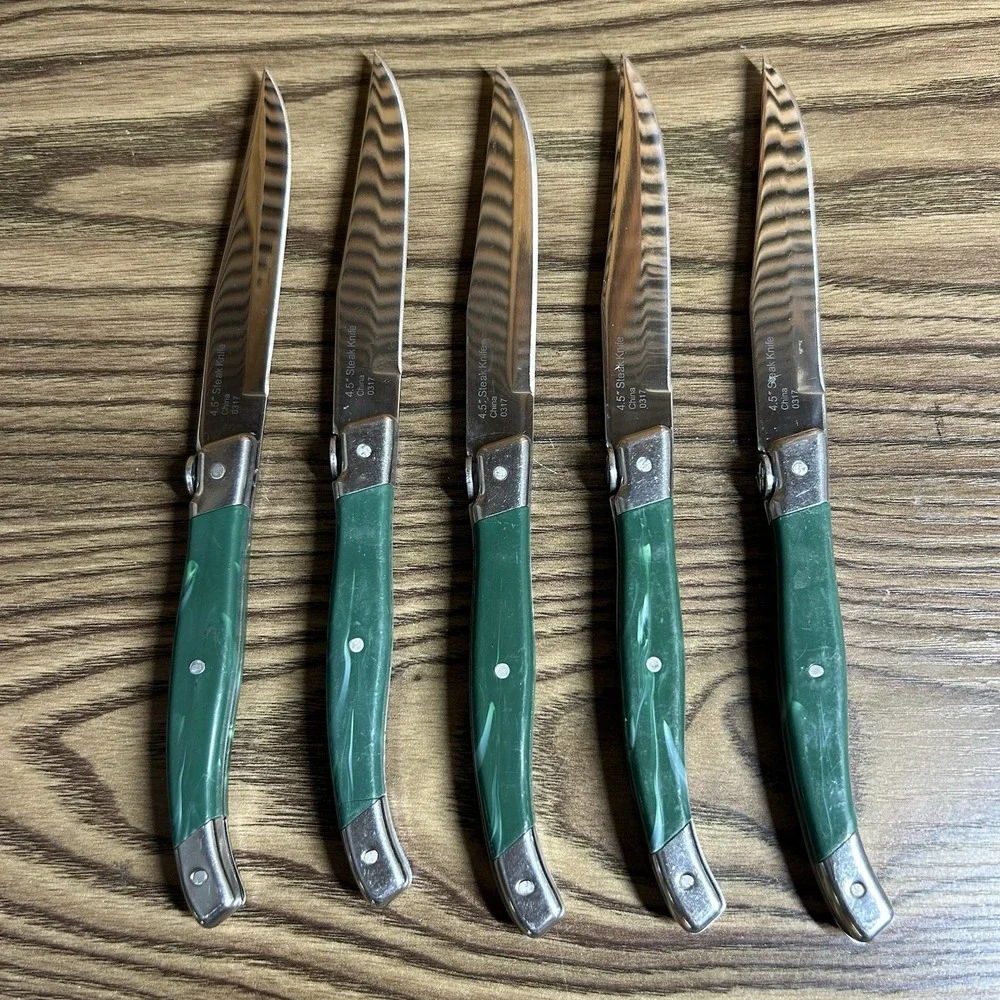 Wolfgang Puck Laguiole Steak Knife Set Stainless Steel Monogram WP Green Marbled